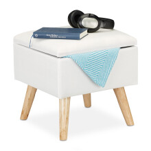 Relaxdays Storage Ottoman, Faux Linen Cover, Padded, Wooden Legs, Lidded Seat, HWD 40x40x40 cm, White