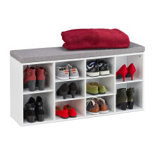 Relaxdays Shoe Bench with Seat, 10 Compartments, Wardrobe Storage Shelf, Upholstered, Hallway, 52.5 x 104 x 30 cm, White, Fibreboard