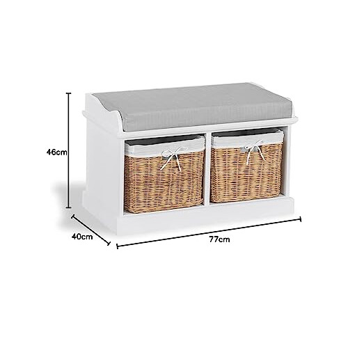 Tetbury White Bench with Grey Cushion and 2 wicker storage baskets. FULLY ASSEMBLED 2