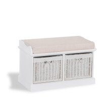 Tetbury White Storage Bench with Cushion. Solidly built hallway bench with 2 storage baskets and cushion seat. FULLY ASSEMBLED