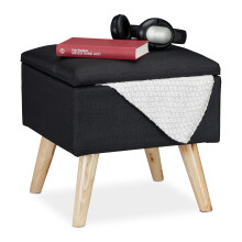 Relaxdays Storage Ottoman, Faux Linen Cover, Padded, Wooden Legs, Lidded Seat, HWD 40x40x40 cm, Black, Fibreboard
