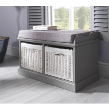 Tetbury Grey Bench with 2 White Wicker Baskets. Hallway storage bench with matching cushion seat. Very sturdy, FULLY ASSEMBLED