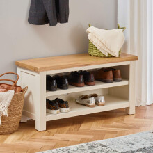 The Furniture Market Cotswold Cream Painted Shoe Storage Bench - Compact Storage Solution with Natural Oak Top, Adjustable Shelf, Hallway, Bedroom, or