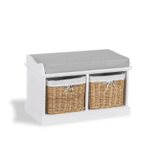 Tetbury White Bench with Grey Cushion and 2 wicker storage baskets. FULLY ASSEMBLED