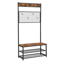 VASAGLE Coat Rack Stand, Industrial Shoe Rack and Bench with Grid Memo Board, 9 Hooks, and Storage Shelves, Hall Tree with Stable Metal Frame, Rustic