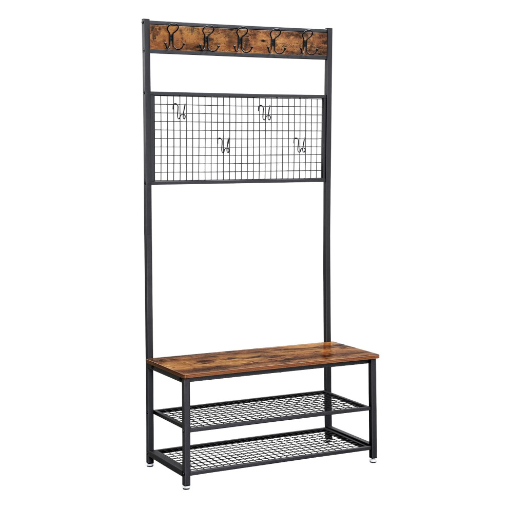 Vasagle Coat Rack Stand, Industrial Shoe Rack And Bench With Grid Memo Board, 9 Hooks, And Storage Shelves, Hall Tree With Stable Metal Frame, Rustic