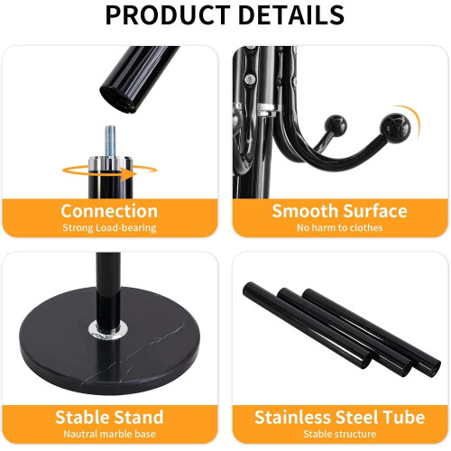 AMBERLINNEN LTD Freestanding Coat Stand with Marble Base, Metal Frame, Multiple Hooks, Black 1