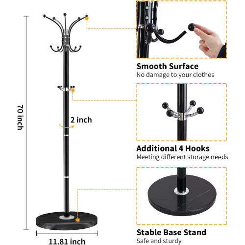 AMBERLINNEN LTD Freestanding Coat Stand with Marble Base, Metal Frame, Multiple Hooks, Black 2