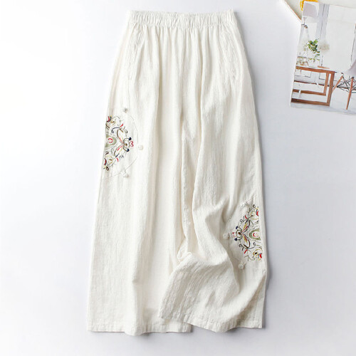 (White, 4XL) Linen Blend Wide Leg Pants for Work & Commuting