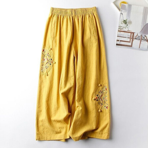 (Yellow, M) Linen Blend Wide Leg Pants for Work & Commuting