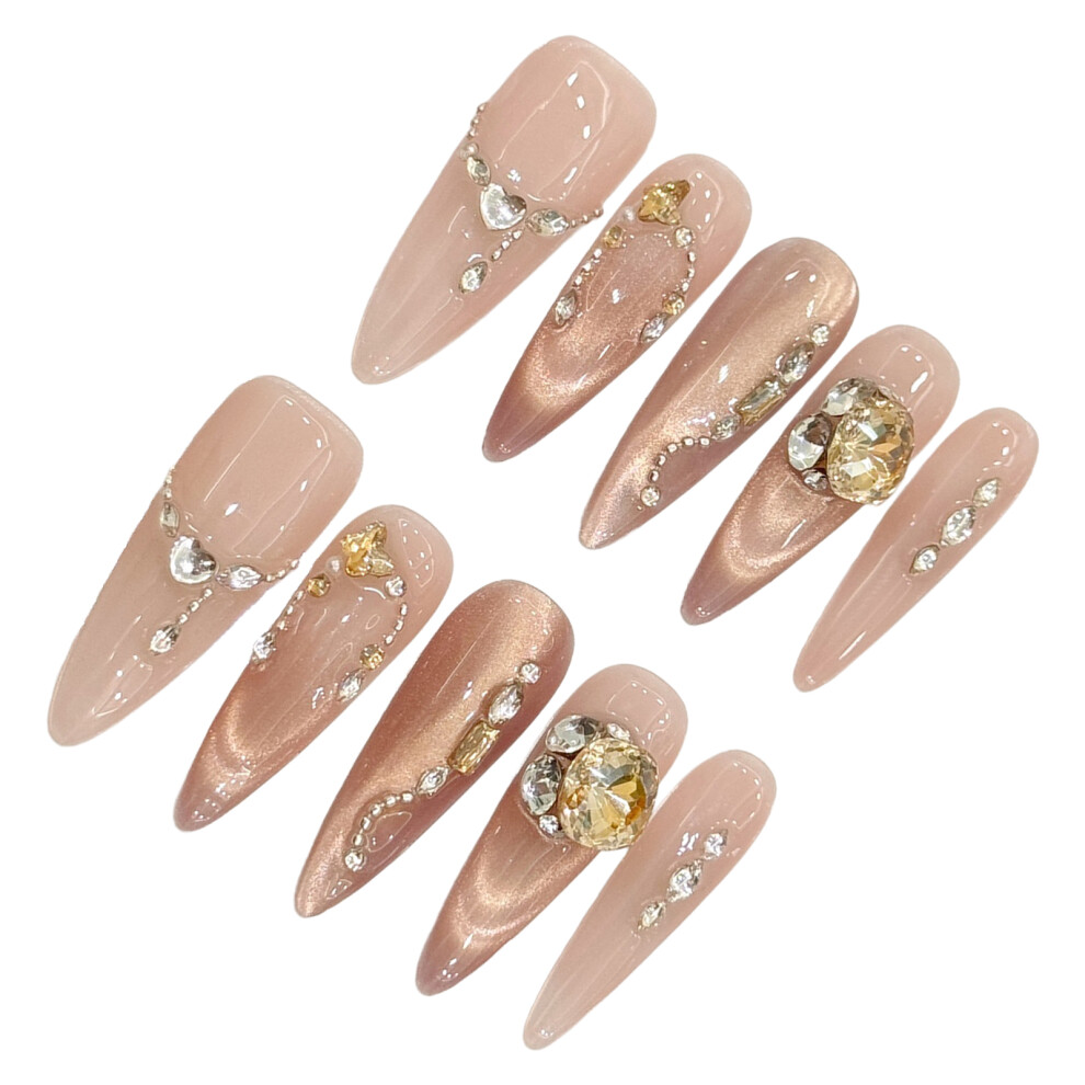 Penghui-Toys (Xs) Pink Long Fake Nails With Flash Cat Eyes Durable & Never Splitting Comfort Fake Nails For Women Nail Art Decoration