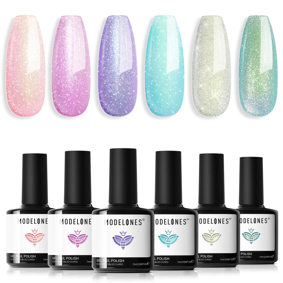 Modelones Blue/Purple 6 Colors Pastel Gel Polish Set, Glitter Gel Nail Polish Set, Soak Off, Nail Gel, Nail Art Diy Manicure Salon And Home For Women