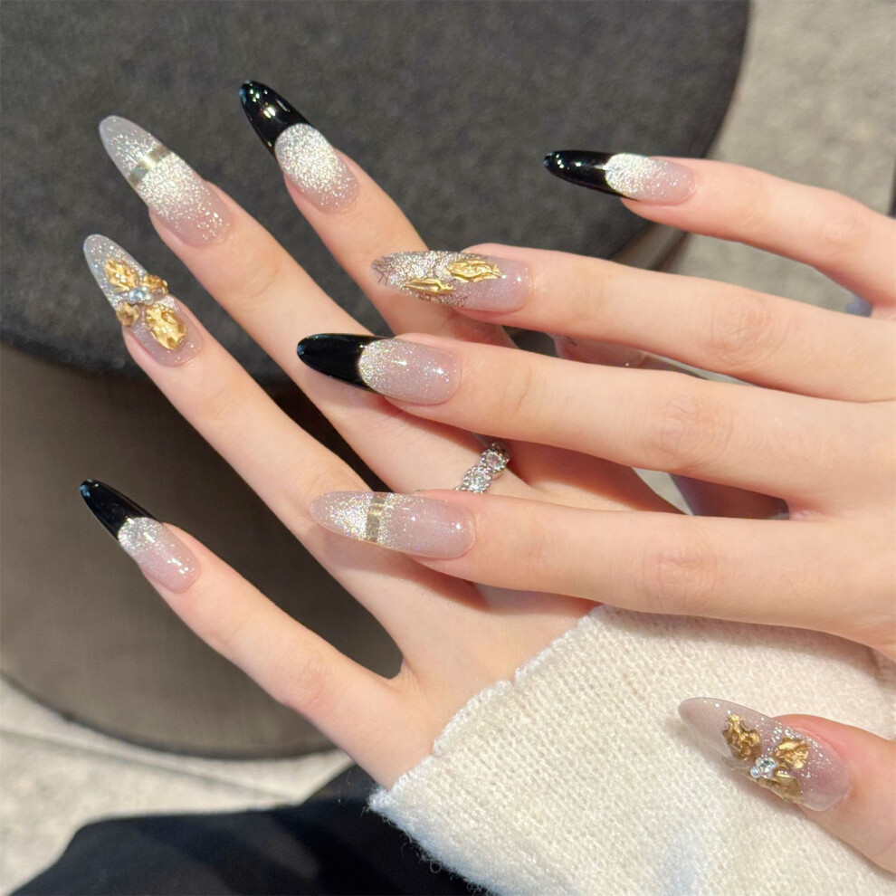 Zhouq-Outdoors (2757 Long Oval, Xs) 3D Cat Eye Press-On Nails, 10Pcs, Gold Foil