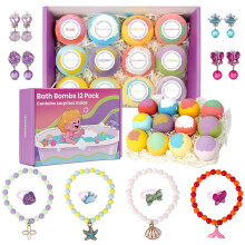 12 Pack Bath Bombs for Kids Girls with Surprise Toys Inside, Fun Kids Safe, Handmade Natural Bubble Spa Bath Ball with Jewelry Toys