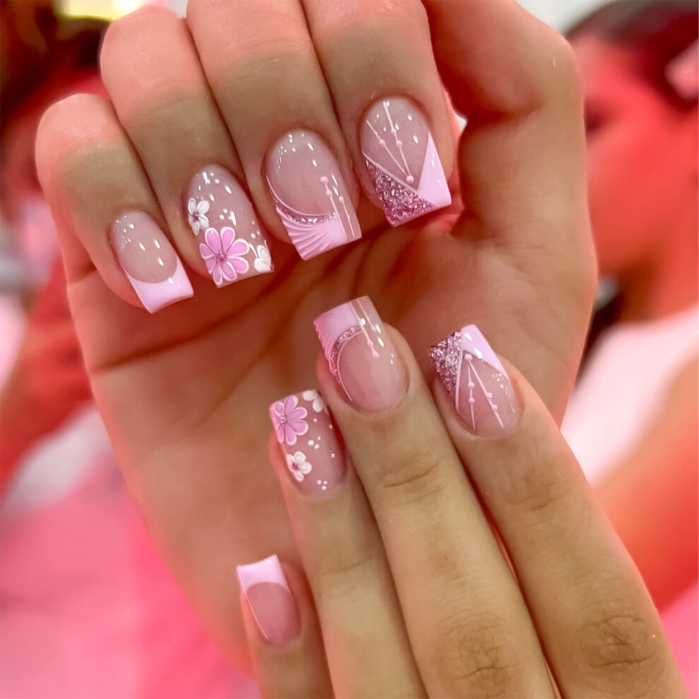 Creation-3C 24Pcs Glitter False Nails Floral Design
