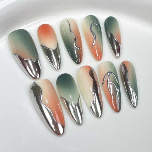 (Long Oval, L) Gradient Metallic Fake Nails - 50pcs