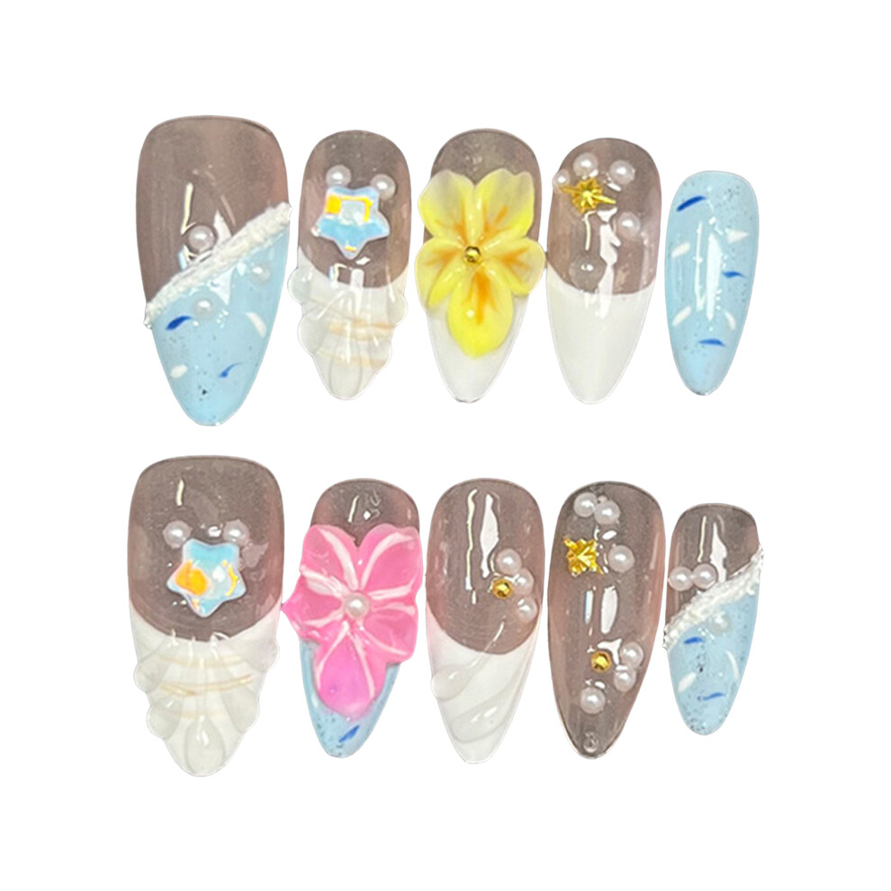 Bright-Home (M) 10Pcs Glossy Nude Fake Nails With Blue White Tip Ultra-Flexible Long Lasting Fake Nails For Fingernail Diy Decoration