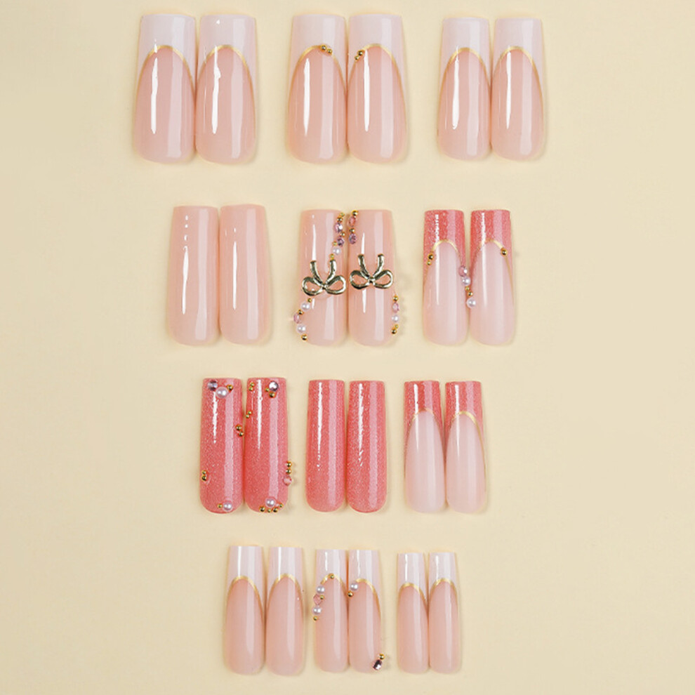 Creation-3C 24Pcs Pink Gold Fake Nails With Rhinestones