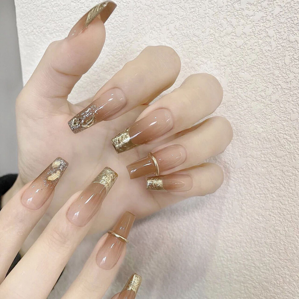 Hue-Grain (Xs) French Nude False Nails With Gold Line, Salon Quality