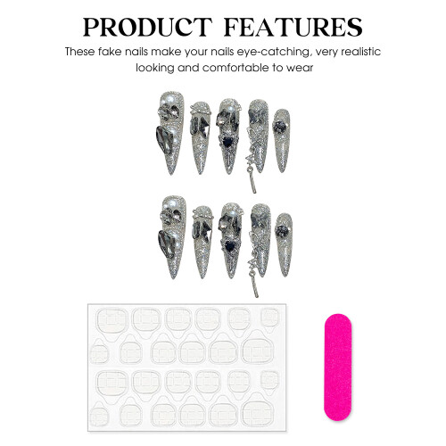 (L) Glitter Silver Pointed Fake Nails for Stage Performance 1