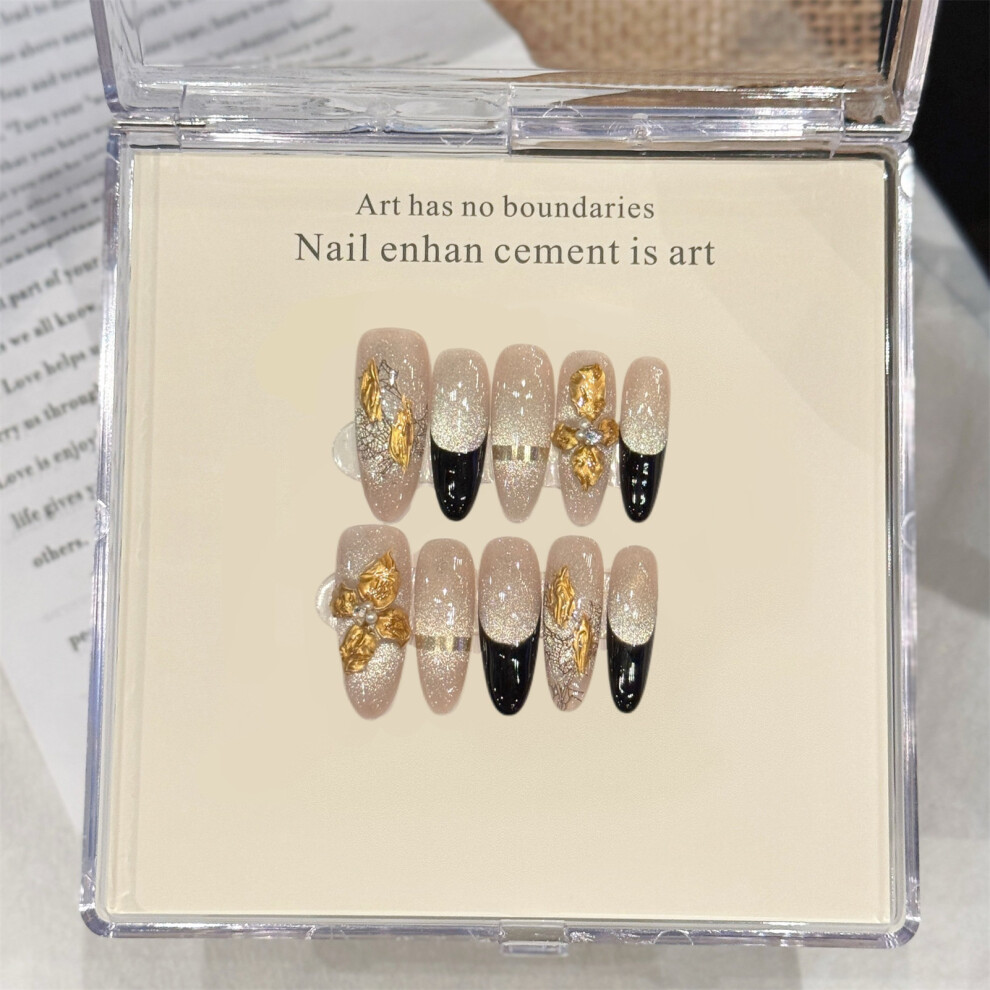 Dachuang Beauty (2757 Long Oval, S) 3D Cat Eye Gold Foil Press-On Nails, 10Pcs