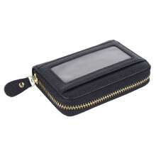 Black Leather Card Wallet 10 Slots Zipper with Transparent Window, Compact