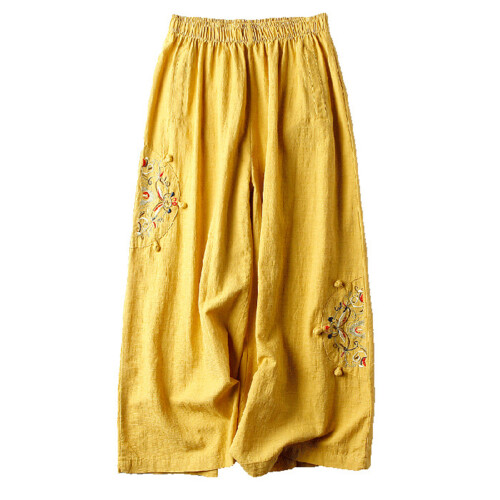 (Yellow, M) Linen Blend Wide Leg Pants for Work & Commuting 1