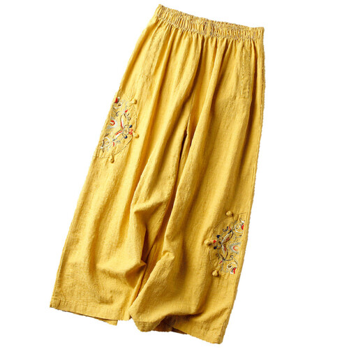 (Yellow, M) Linen Blend Wide Leg Pants for Work & Commuting 2