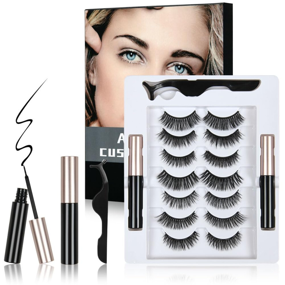 Lophe Eyelashes Magnetic Lashes, 7 Pairs Reusable Thick False Eyelashes With 2 Tubes Of Magneticeyeliner, Faux Mink Fake Eyelashes