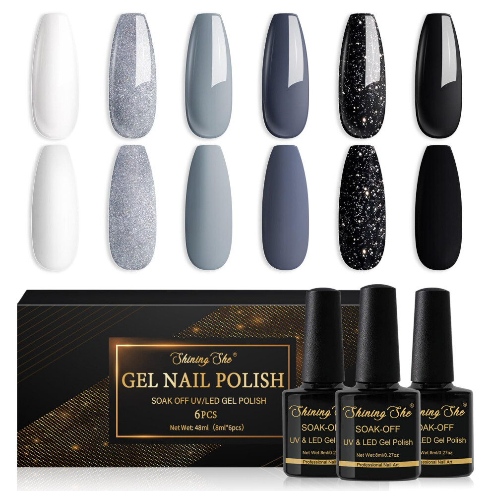 Shining She White/Grey/Black Nail Polishes Set, 6
