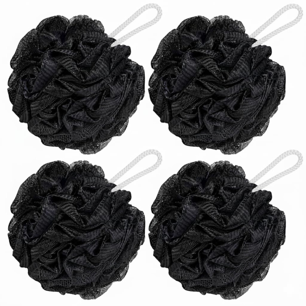 Verinixus Black Loofah Sponge Shower Puff Â 4 Pack Mesh Bath Sponges & Body Scrubbers | Exfoliating Shower Poufs For Men & Women