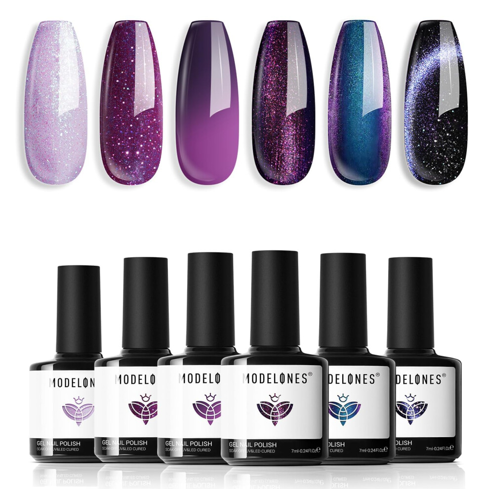 Modelones Purple/Black/Blue Gel Nail Polish Set, 6 Colors Sparkle Chameleon Gel Polish Holographic Glitter Nail Polish Set Changing 9D Cat Eye Nail