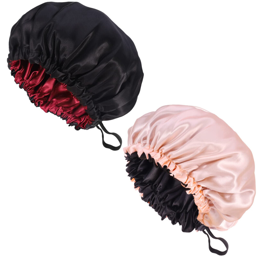 Fuyamp 2 Packs Satin Sleep Cap Shower Cap,Adjustable Silky Sleep Bonnet For Women Long Curly Hair