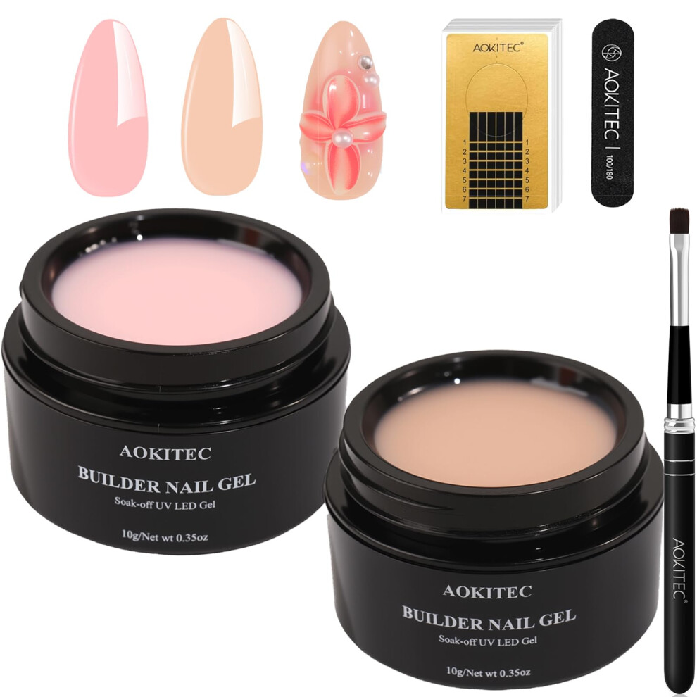 Aokitec Pink Builder Nail Gel Kit - Nudes Builder Hard Gel With 100Pcs Nail Forms & Brush For Precise Application,3D Uv Gel For Extension & Repair &