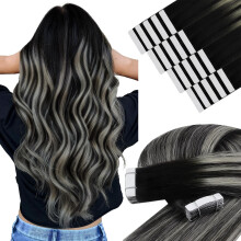 YoungSee Human Hair Tape in Extensions Off Black Ombre Grey Silver Seamless Tape Hair Extensions HUman Hair for Women Ombre Black 16In 50G 20Pcs