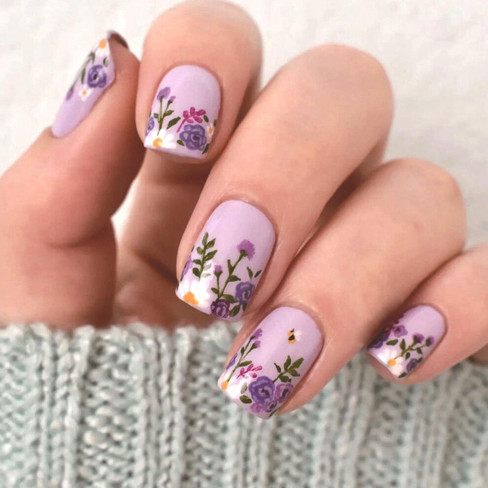 Purple Astraglam Stick-On Fingernails, 24 Pieces Of Press On Nails With A Flower Design, Easy-To-Apply Artificial Nails With Nail Adhesive, Ideal