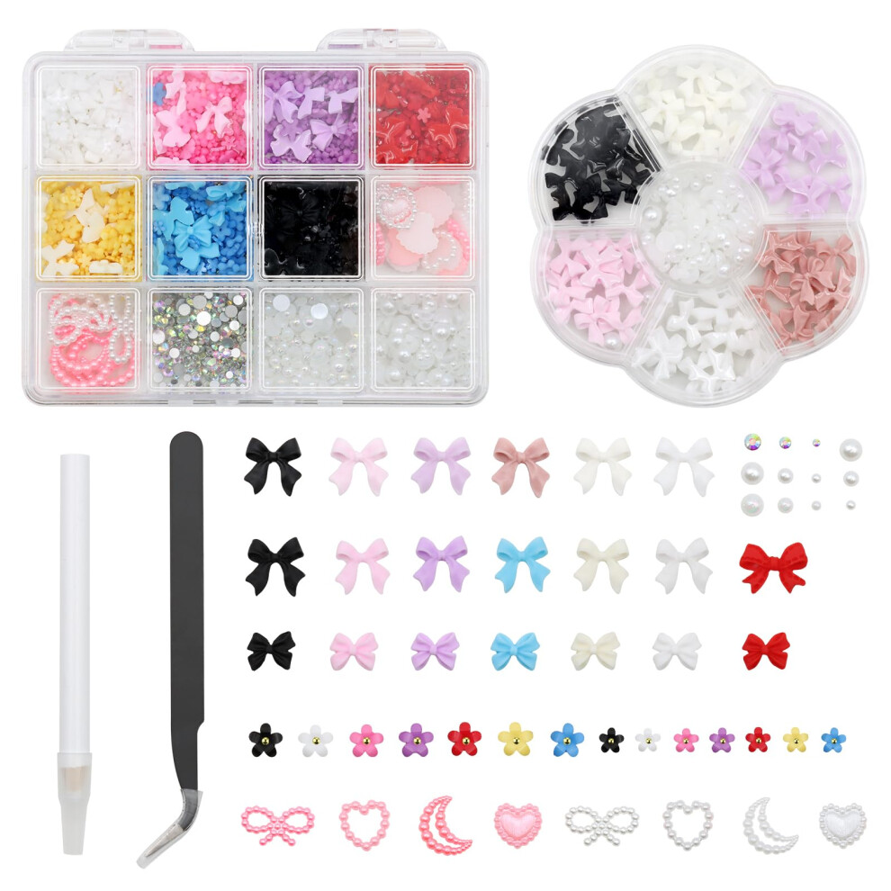 Vegcoo 3D Nail Charms, 2 Boxes Nail Stuff Nail Gems Rhinestones Pearls Charms With Pickup Tool