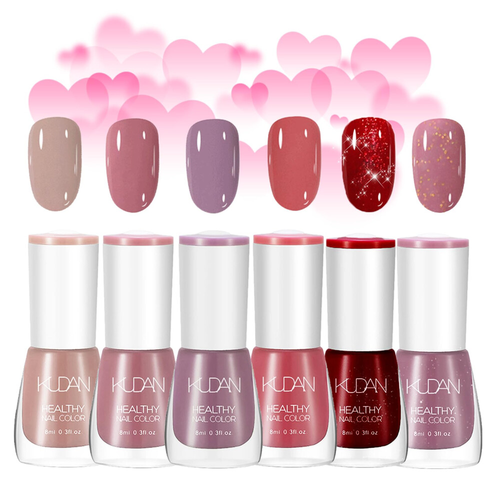 Okaqee Pink Nail Polish Set - 6Pcs Quick Dry & Long Lasting Nude Varnish - Non-Toxic Holographic Paint - No Uv Needed For Diy At Home - Teenage Girls