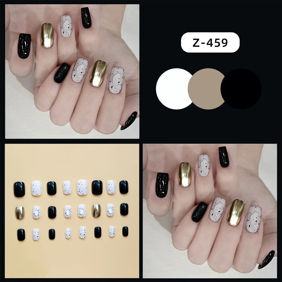 Dachuang Beauty Gold (Standard) Glossy Black & Round Fake Nails For Women