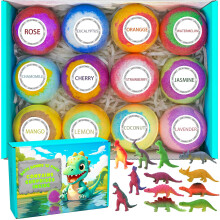 12 pack of bath bombs for kids with surprise toy inside, fun educational toy Dino Fizzy Balls w/Rich Bubbles, organic dinosaur bath bomb gift set