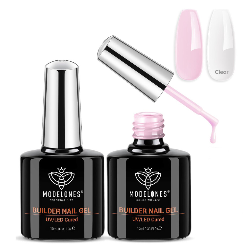 Modelones Pink Builder Gel Set, 2 Pcs 10Ml Clear And Rose Nude Builder Gel In A Bottle, Nail Strengthener Builder Nail Extension Gel Builder For Nail