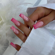 Angwis 24pcs Long Coffin False Nails French Tip Hot Pink White Ombre Press on Nails Ballerina Stick on Nail Marble Style Removable Glue-on Acrylic