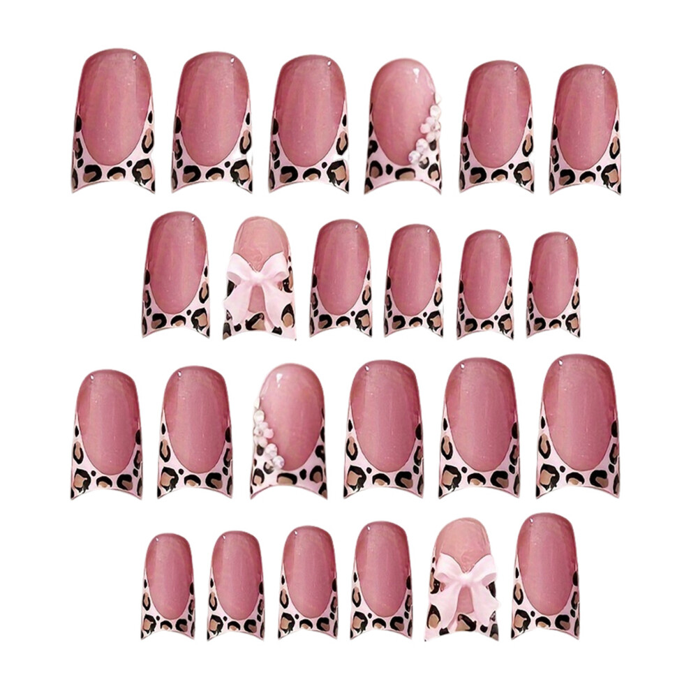 Bright-Home 24Pcs False Nails With Leopard Parttern Pink Color With Leopard Design Fake Nails For Shopping Traveling Dating