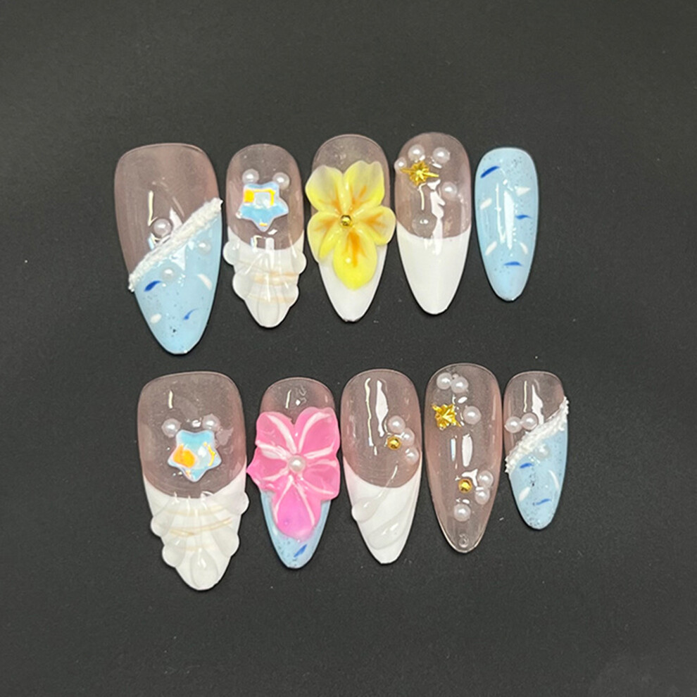 Bright-Home (L) 10Pcs Glossy Nude Fake Nails With Blue White Tip Ultra-Flexible Long Lasting Fake Nails For Fingernail Diy Decoration