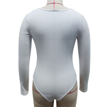 Women Long Sleeve Bodysuit White L Wide Neck Buttoned Slim Fit