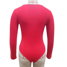 Women Long Sleeve Bodysuit Red L, Wide Neck Buttoned Slim Fit