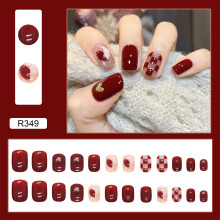 Red Heart White Checkerboard Detachable Fake Nail Stickers