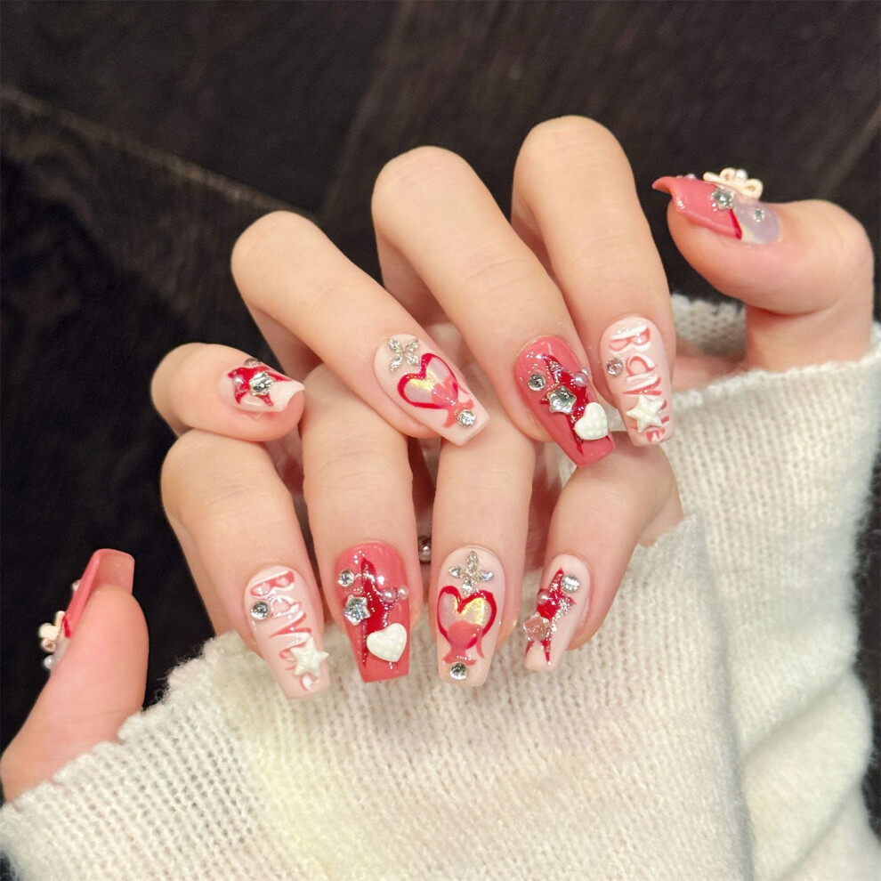 Dachuang Beauty (2975 Short Ladder, S) 10Pcs Heart Design Hand Painted Fake Nails