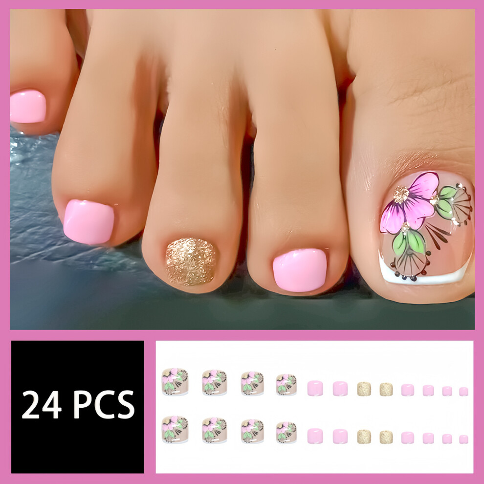 Dcph-Clothing Flower Print False Toenails - Nude & Pink - 50Pcs