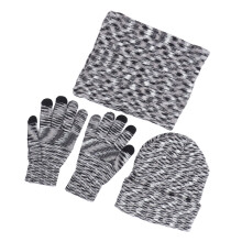Winter Cotton Beanie Hat Scarf Gloves Set for Men Women Flower Grey